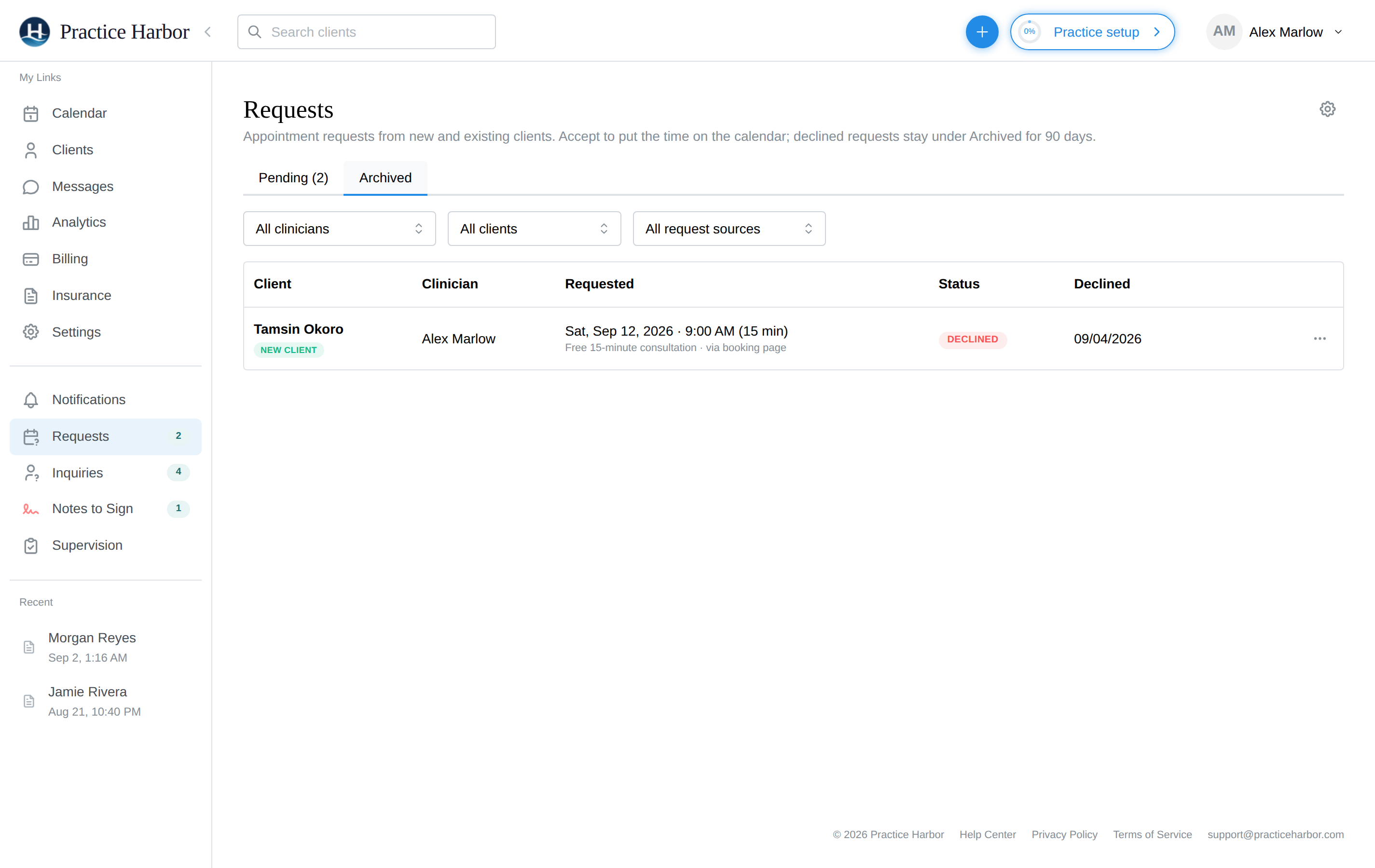 The Archived tab of the Requests page