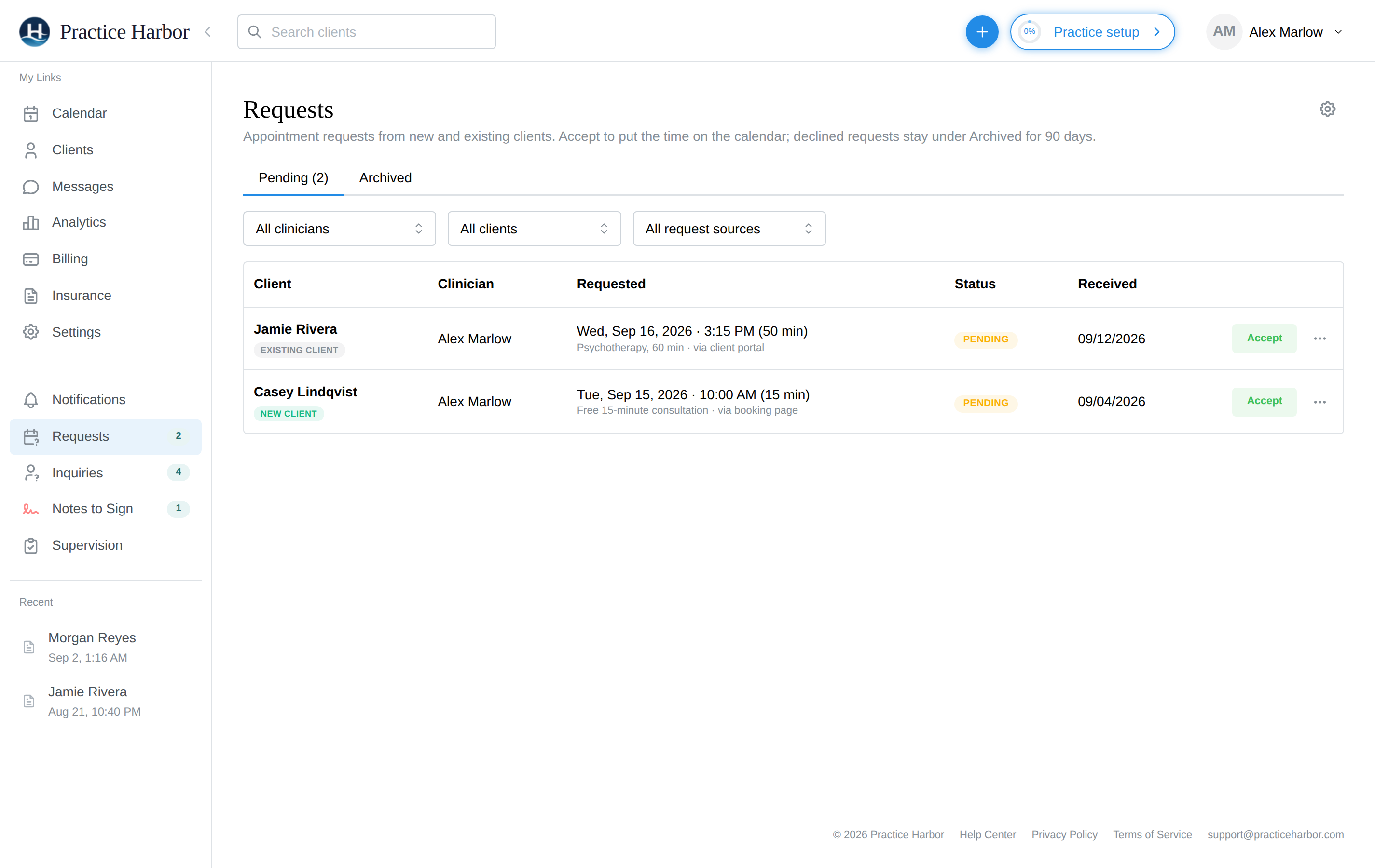 The Requests page with pending requests from a new and an existing client