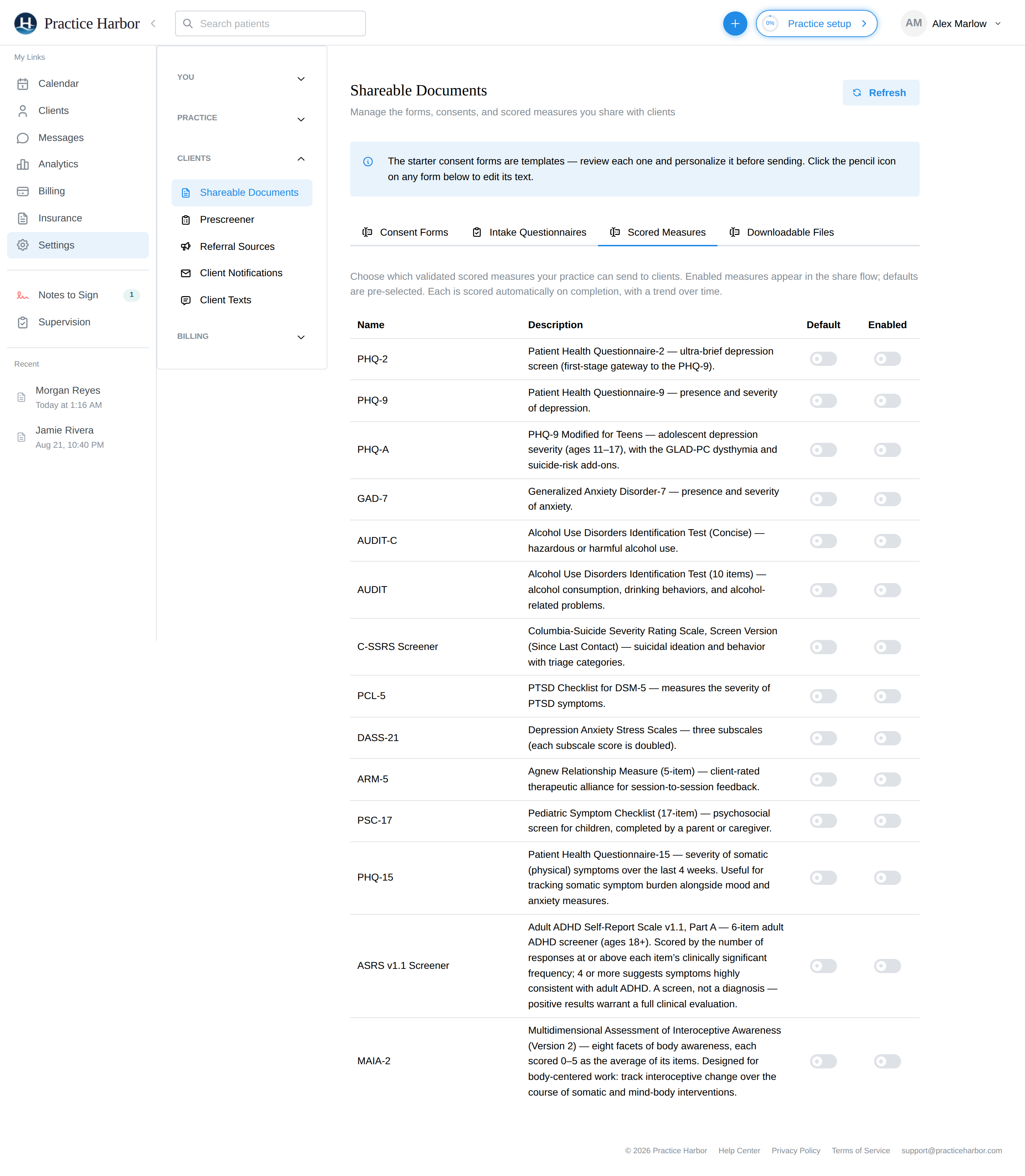 The Scored Measures settings tab with the five instruments