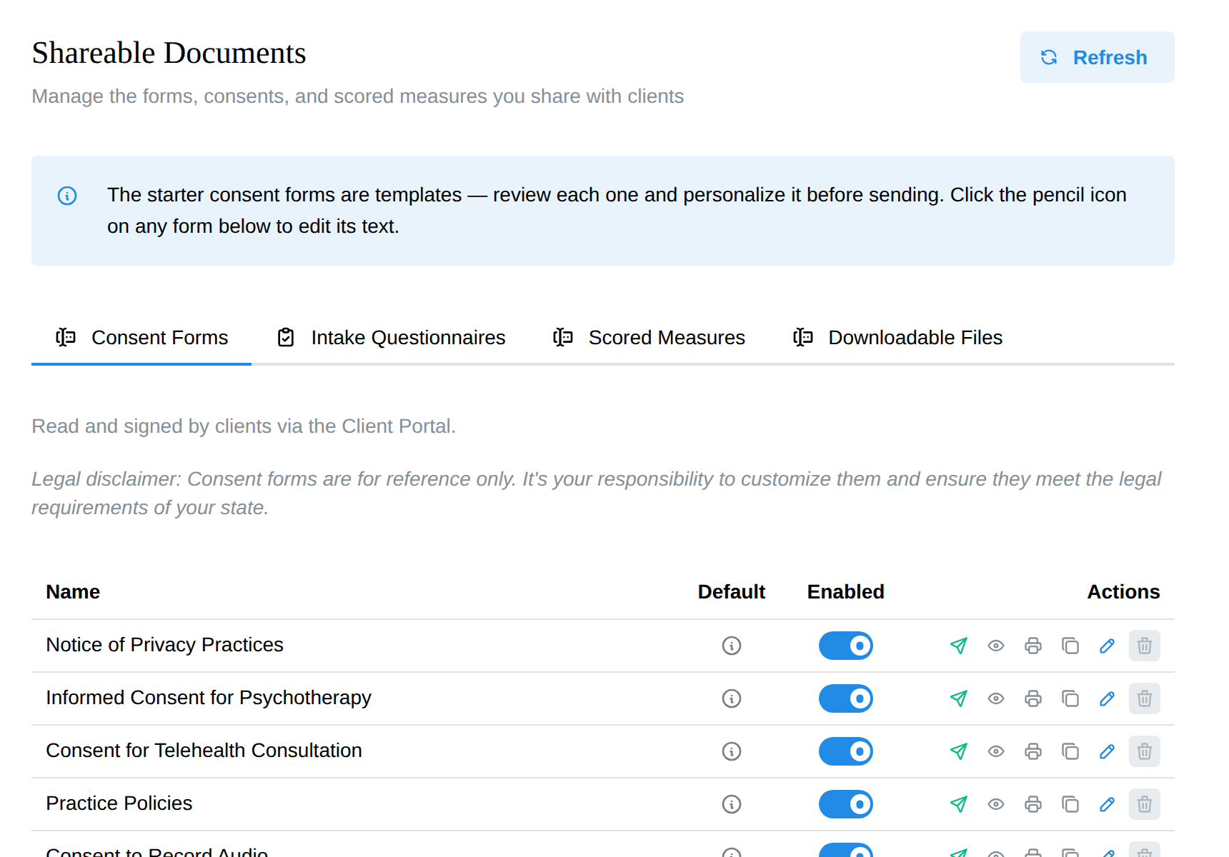 The Documents settings page with the Consent Forms, Intake Questionnaires, and Scored Measures tabs