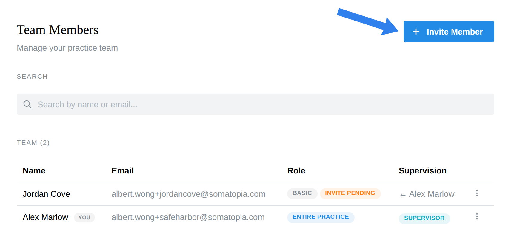 The Team Members page with the Invite Member button