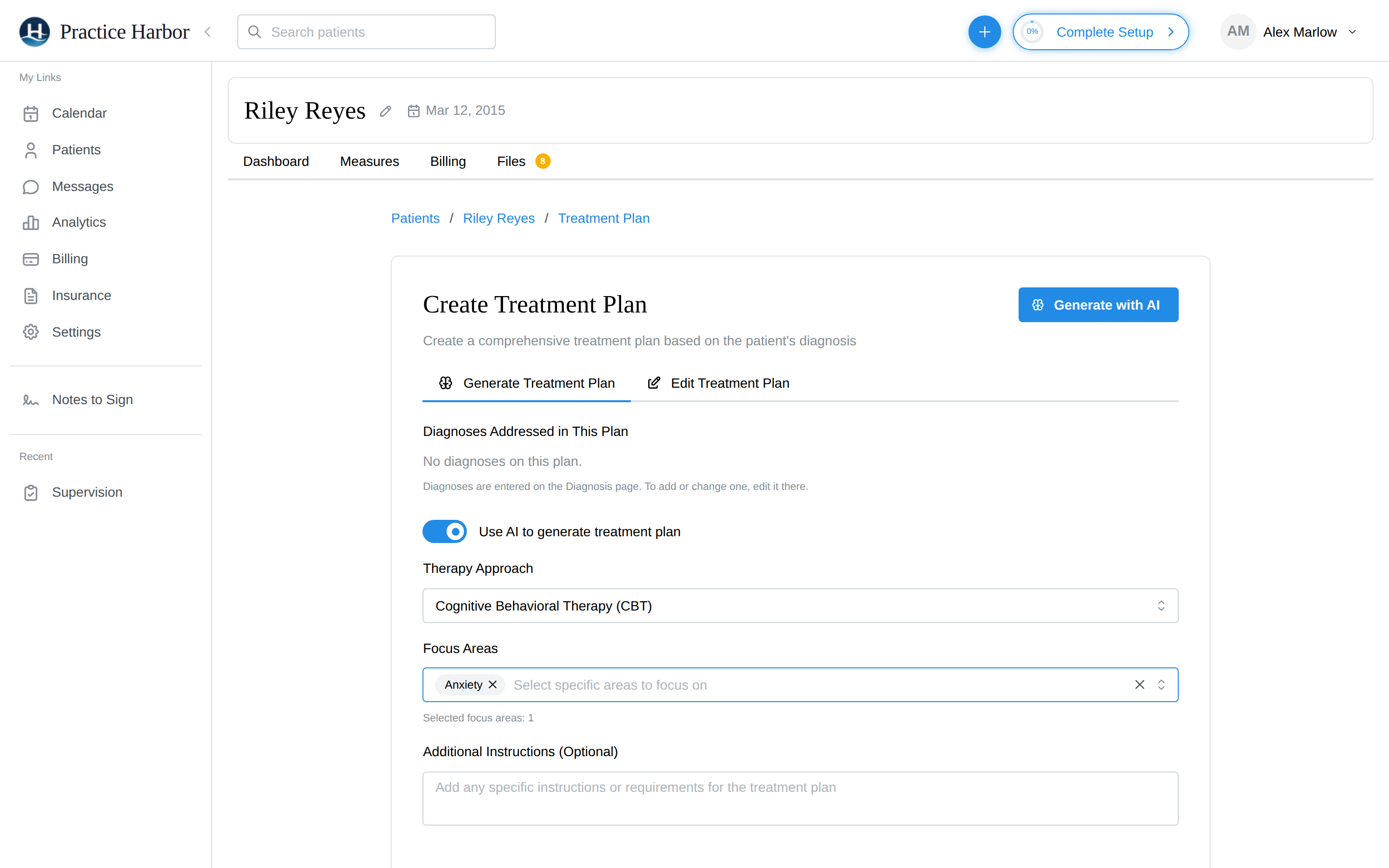 The Generate Treatment Plan tab with therapy approach and focus areas