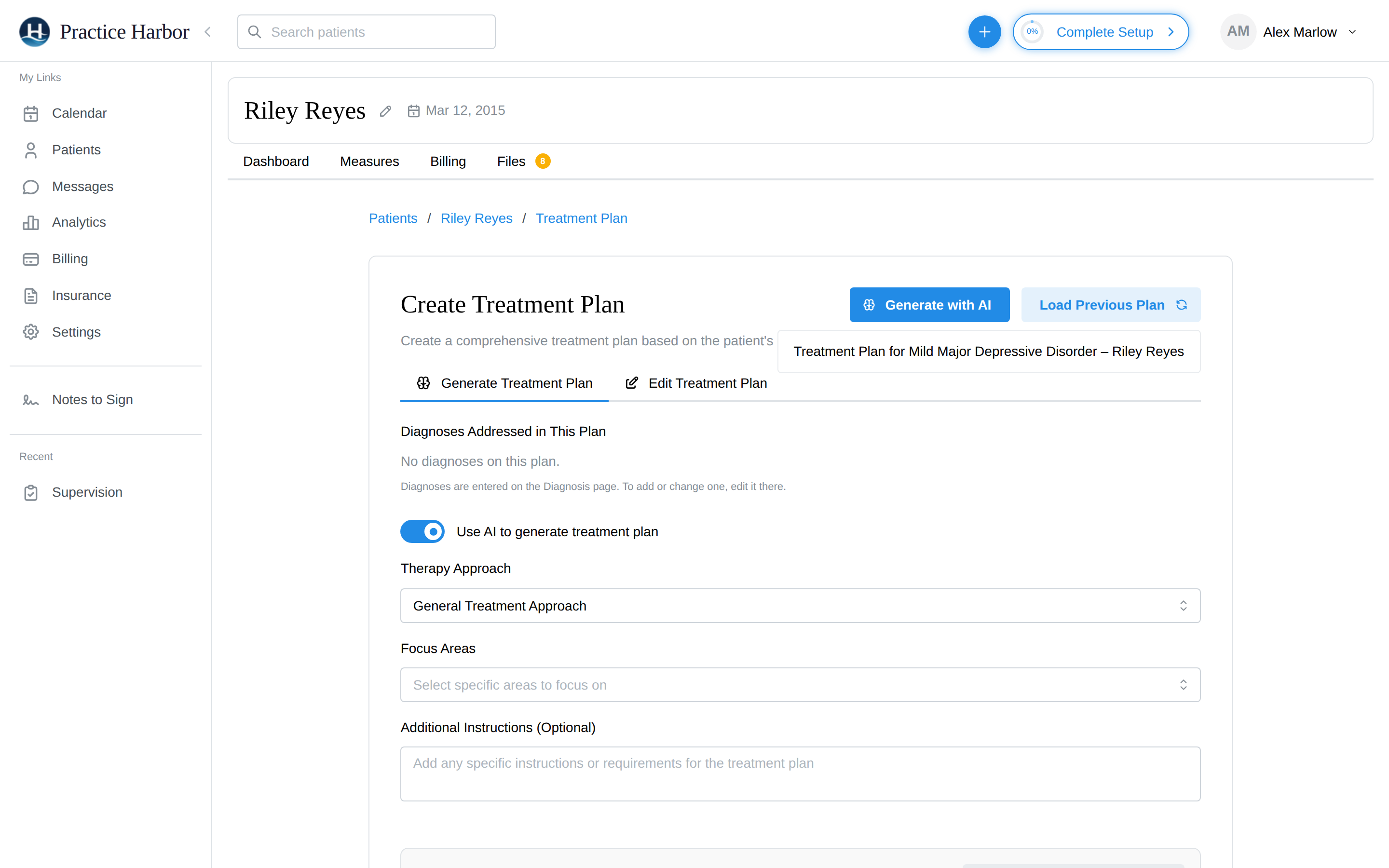 The Load Previous Plan dropdown listing a saved plan