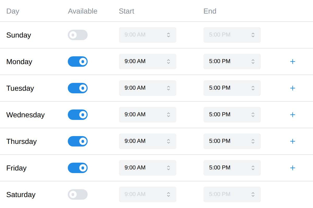 Weekly Availability table with per-day switches and time ranges
