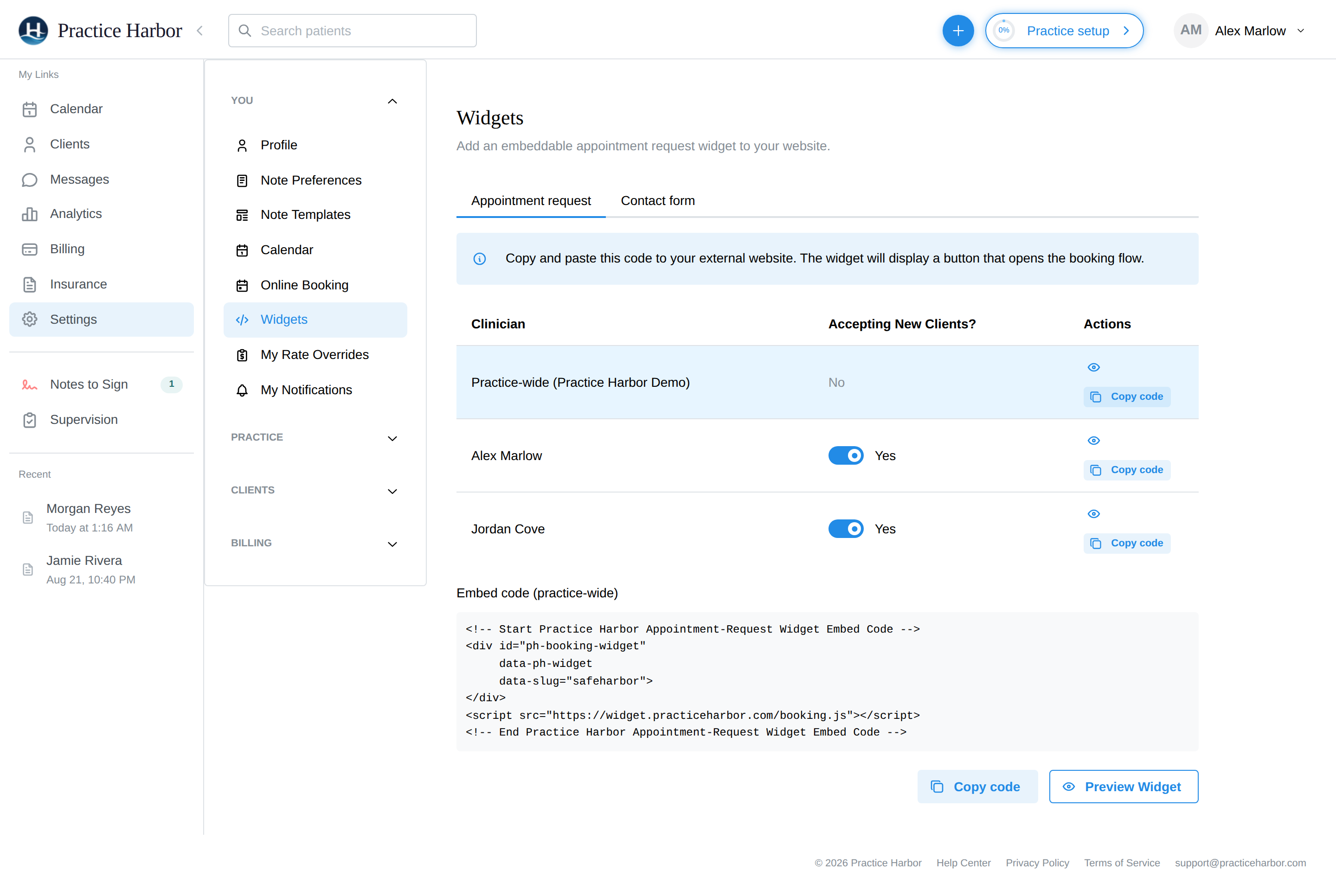 The Widgets settings page with the per-clinician table and embed code